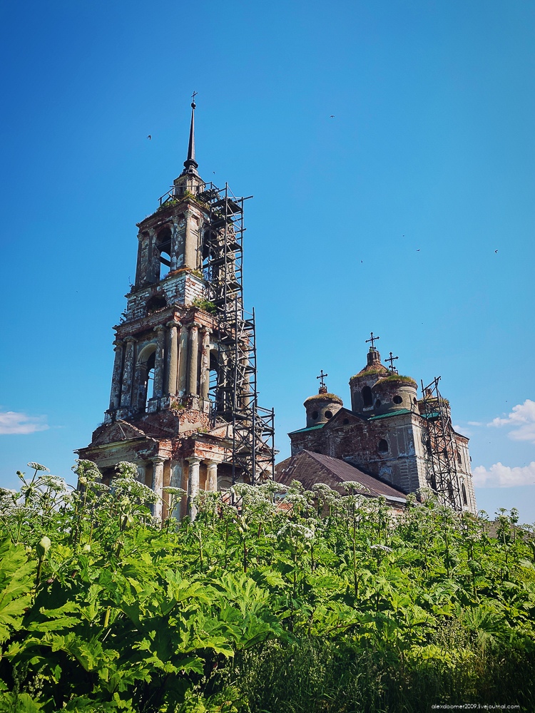 Abandoned church with a painting in the wilderness of the Tver region